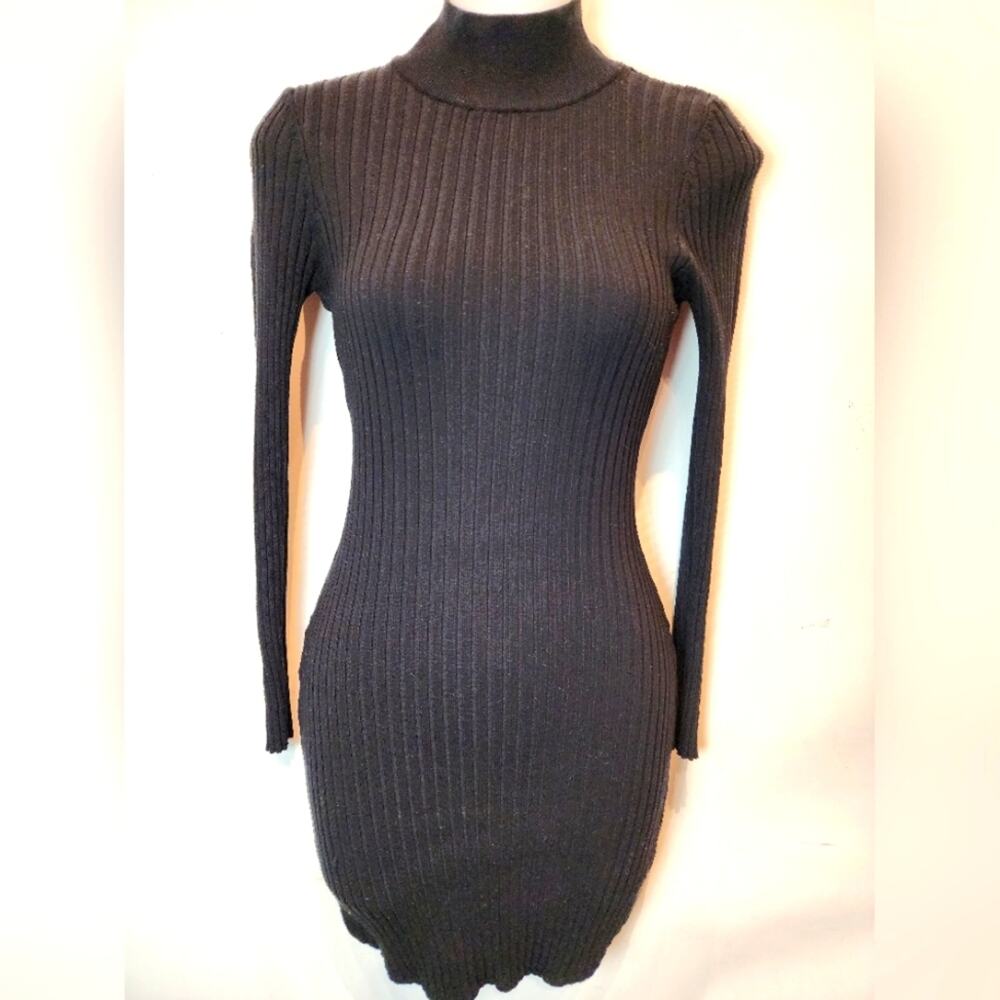 Black Sexy Bodycon Fitted Dress Black Knit Long Sleeve Turtleneck Mini Dress‎ M